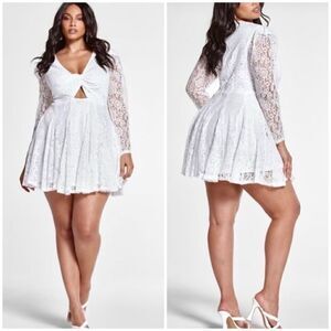 FTF Front Twist Cut-Out White Lace Mini Dress
